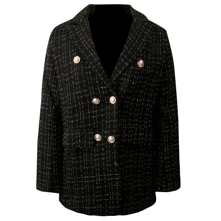 Killreal Women's Tweed Blazers Business Casual Long Sleeve Double Breasted Jackets Open Front Work Suits Black