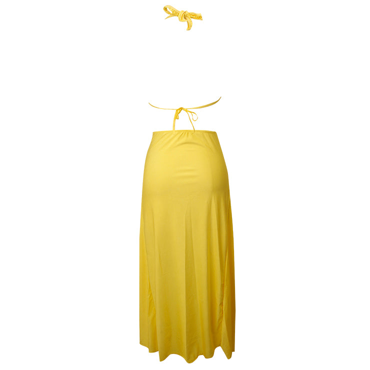 Killreal Women's Sexy Deep V Neck Halter Backless Plunge Irregular Ruffle Hem Masquerade Costumes Dress Yellow