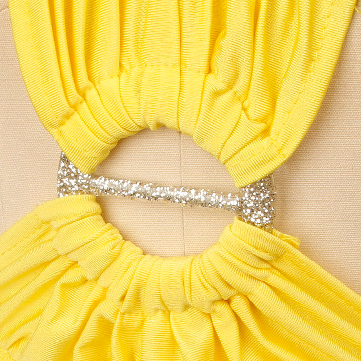 Killreal Women's Sexy Deep V Neck Halter Backless Plunge Irregular Ruffle Hem Masquerade Costumes Dress Yellow