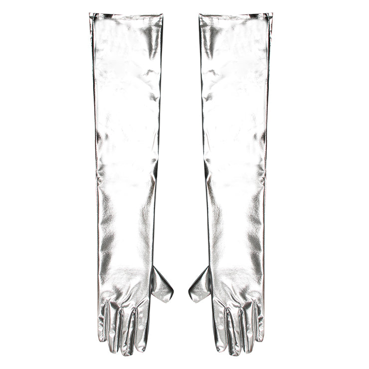 Killreal Long Leather Fingerless Gloves Women Faux Leather PU Opera Costume Arm Sleeves Silver