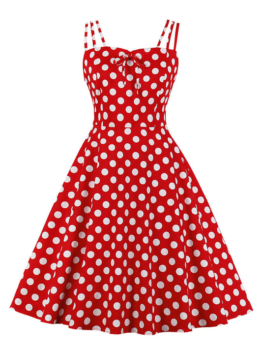 Retro 1950s Polka Dot Printed Bowknot Spaghetti Strap Sundress Casual Dress Main View