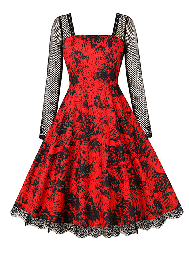 Women's Retro Floral High Waist Long Sleeve A-Line Swing Cocktail Dress Main View