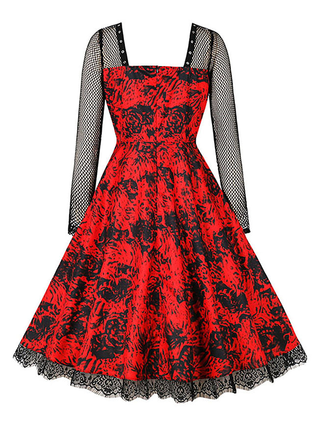 Fashion Square Neck Casual Floral Open Back Midi Evening Dress Back View