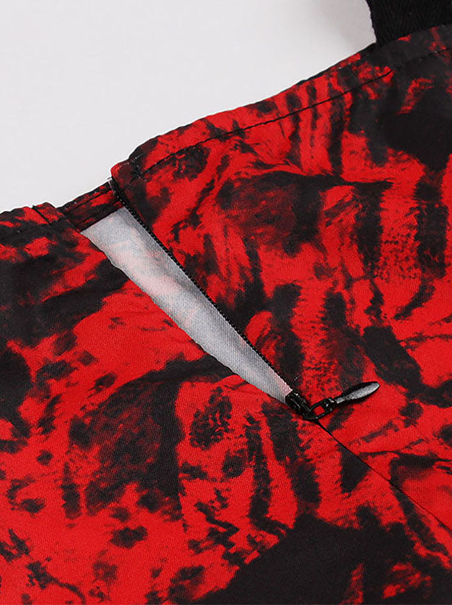 Lovely Black Red Floral Full-Length Sleeve Backless Knee Length A-Line Dress Detail View-4