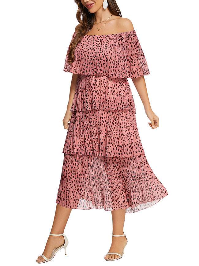 Sexy Women Pink Off-The-Shoulder Neckline Midi Peasant Dress Model View