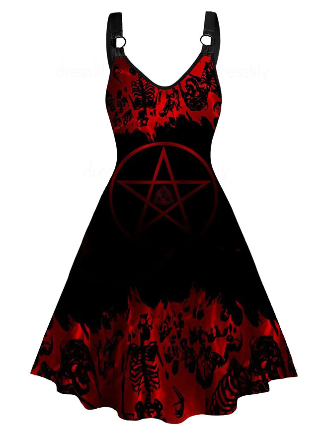Halloween Vintage Gothic Punk Plus Size Cami Printed Midi Dress
