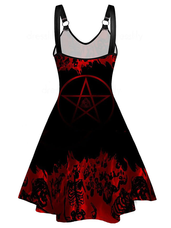 Gothic Vintage Printed Sleeveless Black Plus Size Midi Dress for Women Back View