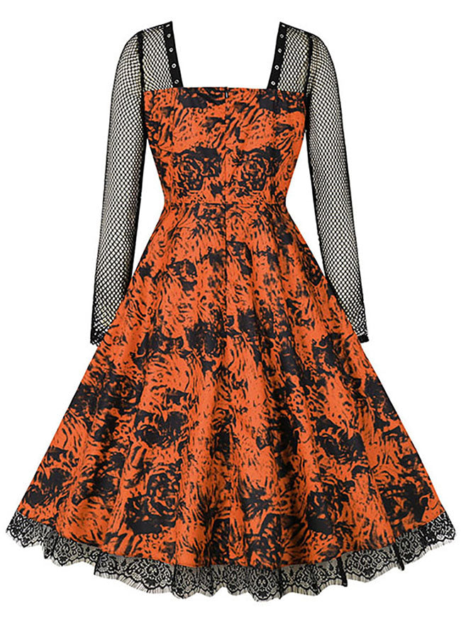 Stunning Square Neck Casual Floral Open Back Midi Evening Dress Back View