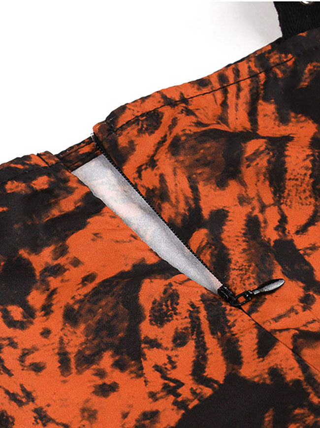 Lovely Black Orange Floral Full-Length Sleeve Backless Knee Length A-Line Dress Detail View-2