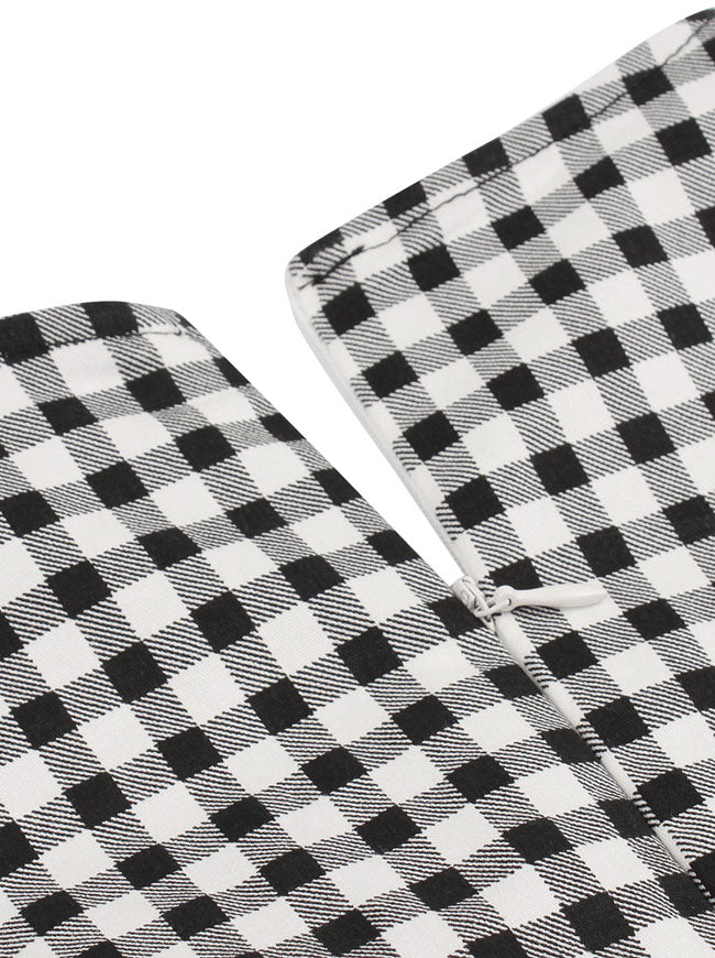 Black Tartan Plaid Rockabilly Pin Up Patchwork Flared Unique Lapel Collar Business Office Dress Detail View