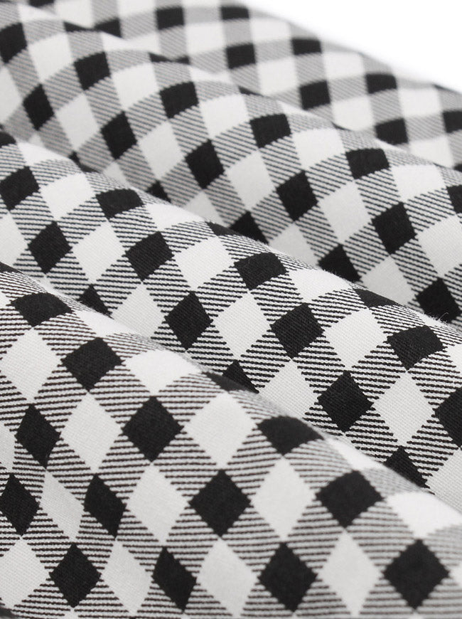 Vintage Patchwork Puffy Short Sleeve Swing Plaid Slim Fitting Midi Dress Detail View