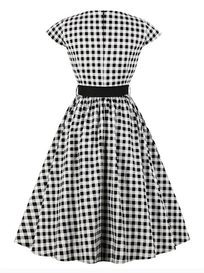 Classic Style Black White Vintage Tartan Plaid Rockabilly Party Swing Dress Back View