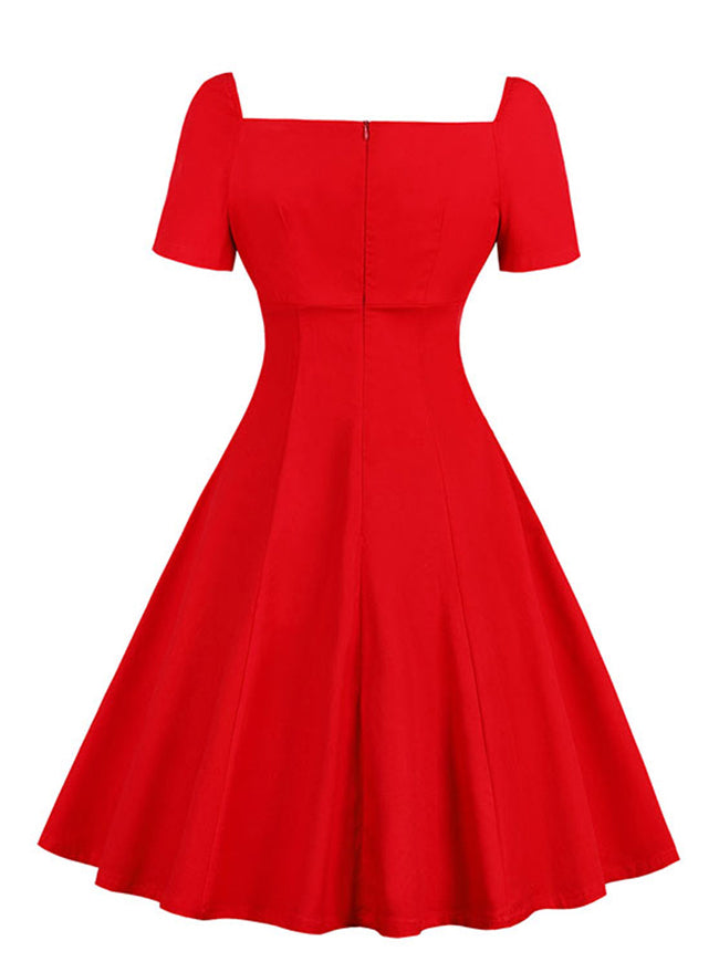 1950s Style Retro Short Sleeves A-line Fit Flare Pinup Formal Evening Homecoming Dress Back View