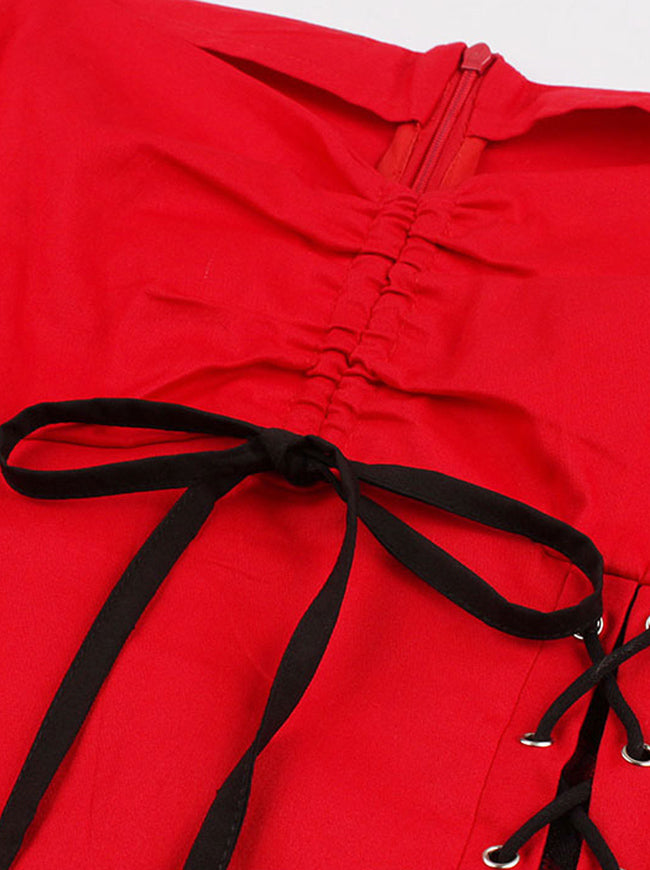 Women Vintage Style High Waist PinUp Style Fit and Flared Lace Up Bridesmaid Dress Red Detail View