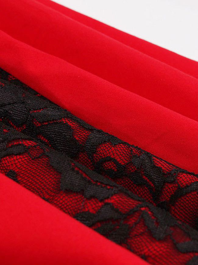 Red Black Vintage Fit and Flare Style Pin Up Patchwork Christmas Cocktail Dress for Women Detail View