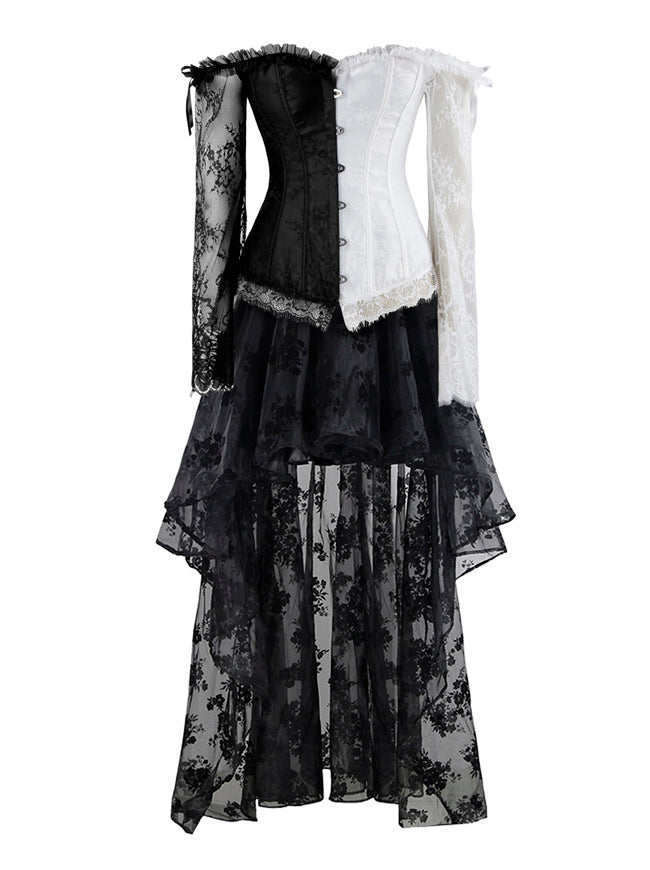 Black White Sexy Retro Gothic Victorian Off Shoulder Long Flared Sleeve Corset with High Low Tutu Skirt for Women Main View