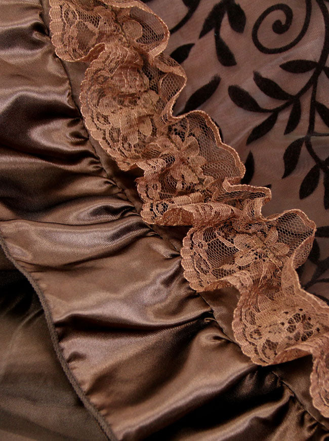 Elegant High Waist Lace Floral Trim Burlesque Satin Ruffles High-Low Dancing Party Skirt Detail View