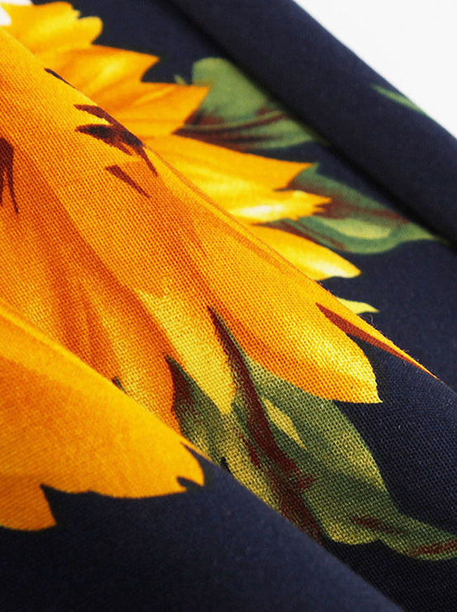 Vintage Classic Sunflower 3/4 Sleeve Floral Pattern Pin Up Wedding Party Dress for Women Detail View