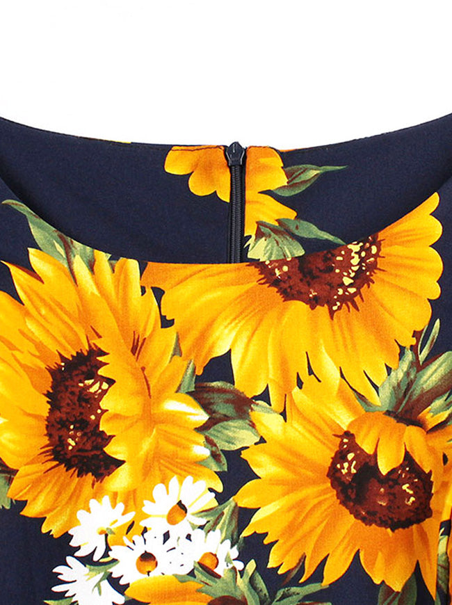 Vintage Casual Floral 3/4 Sleeve A-Line Dark Blue Casual 1950s Style Cocktail Cute Summer Dress for Women Detail View
