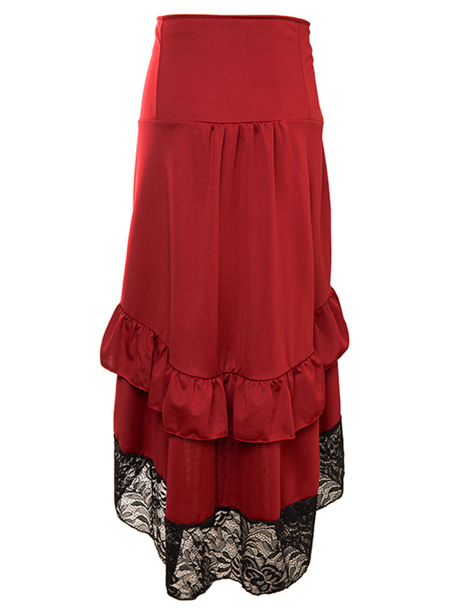 Vintage Gothic Lace High Waist Pirate Ruffled Fashionable Steampunk Skirts Red and Black for Women Back View