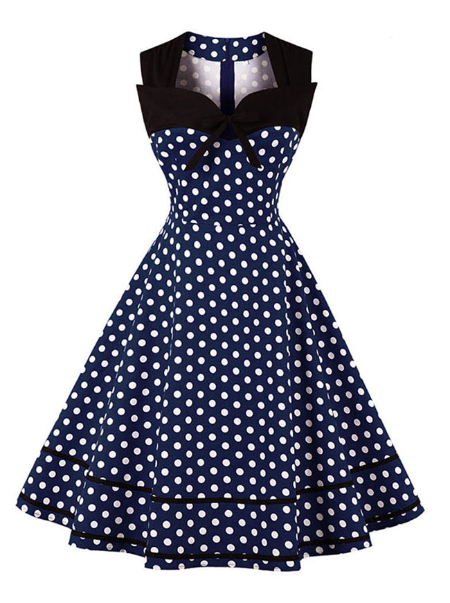 Sleeveless Vintage Cocktail Party Polka Dot Print Dress
