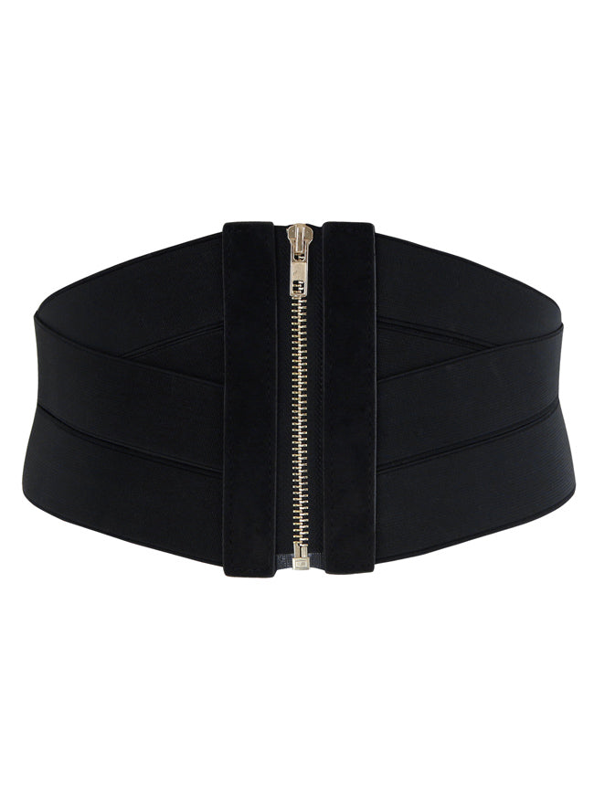 Black Crossed Straps Skinny Vintage Lace-up Wide Stretchy Elastic Thick Belts For Women with Zipper Back View