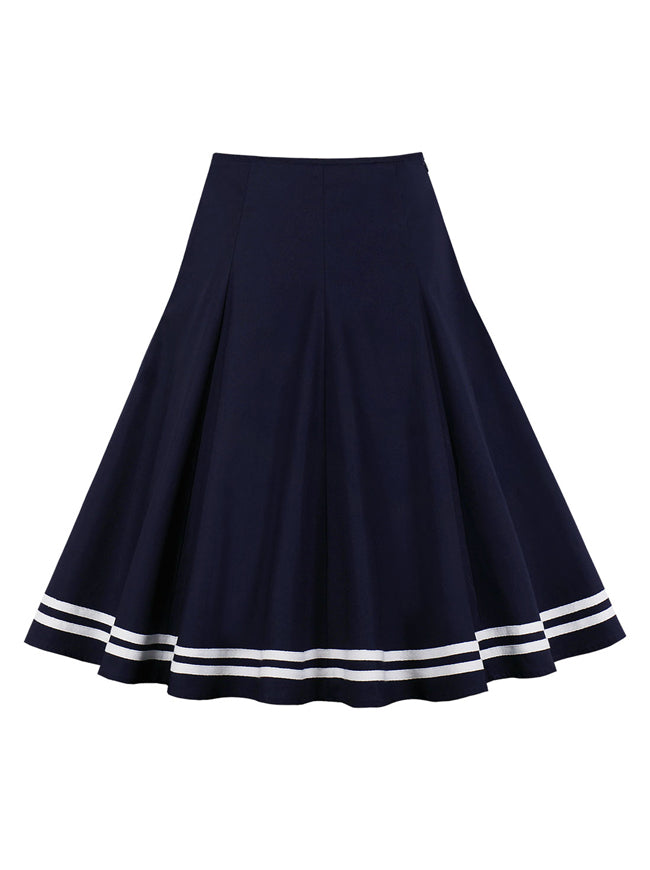 Dark Blue Vintage White Stripe High Waisted Pleated Casual Midi Skirt Back View