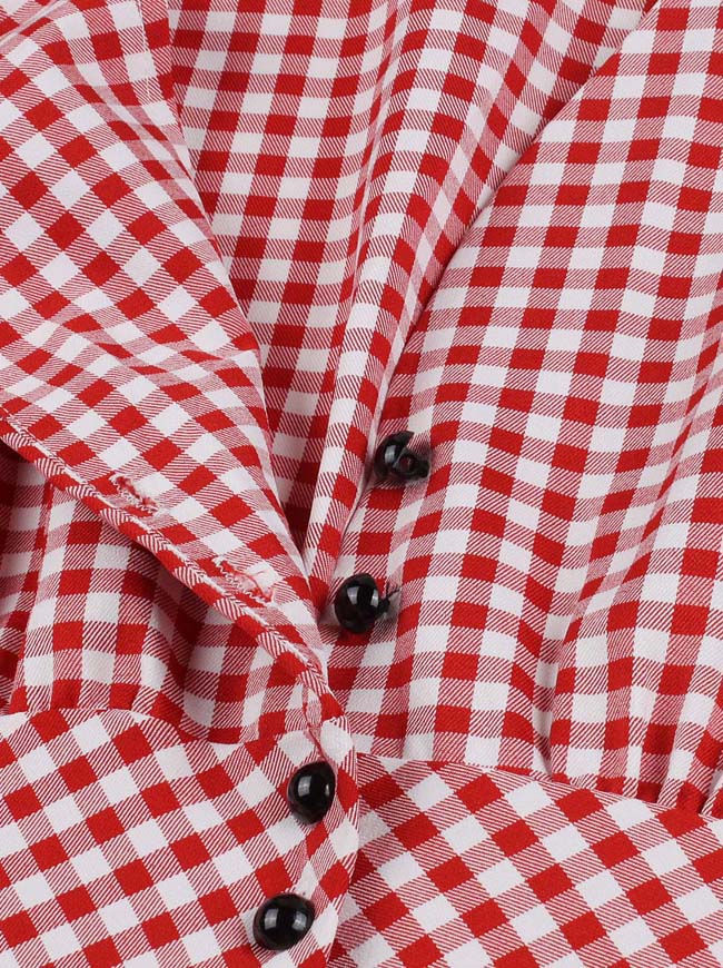 Fit Flare Plaid Button Vintage V-Neck Short Sleeve Knee Length High Waist Casual Tea Party Dress Detail View