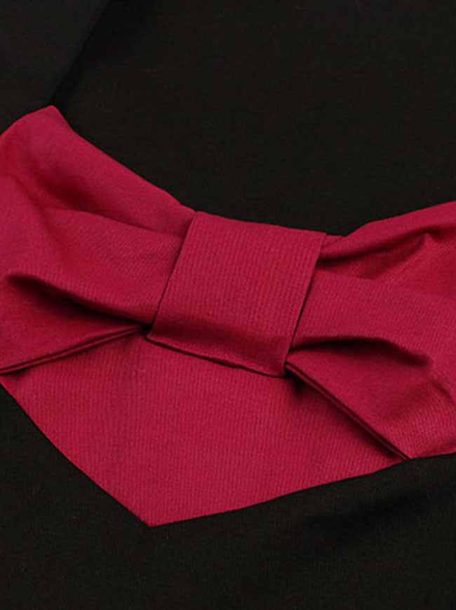Retro Style Red Turn Down Collar Decor Bow-knots Full Circle Flare Style High Waist Dress for Women Detail View