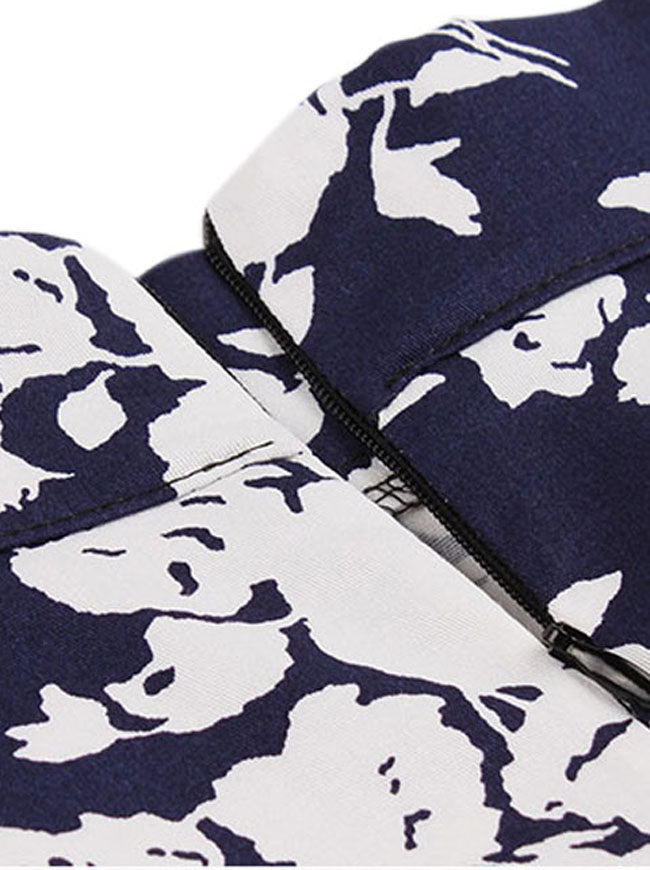 Vintage Floral Dark Blue Casual Spring Garden Pin UP Style Swing Skirts Dress for Women