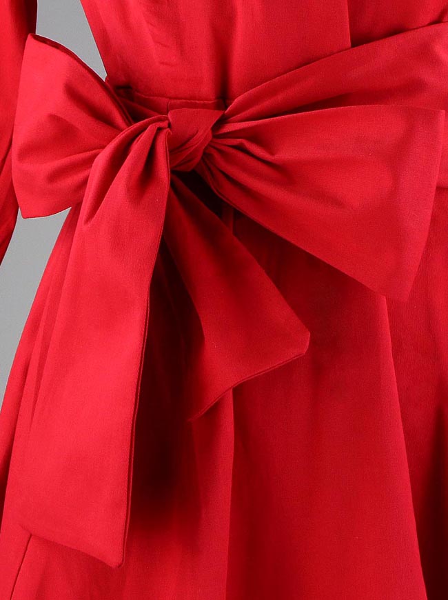 Vintage Elegant Short Sleeve Full Circle Flared Skirt Solid Red Holiday Midi Dress with Belt Detail View