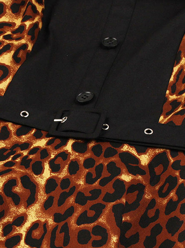 Women's Vintage Short Sleeves Turn Down Collar Buttons Evening Ball Leopard Cocktail Party Dress Detail View