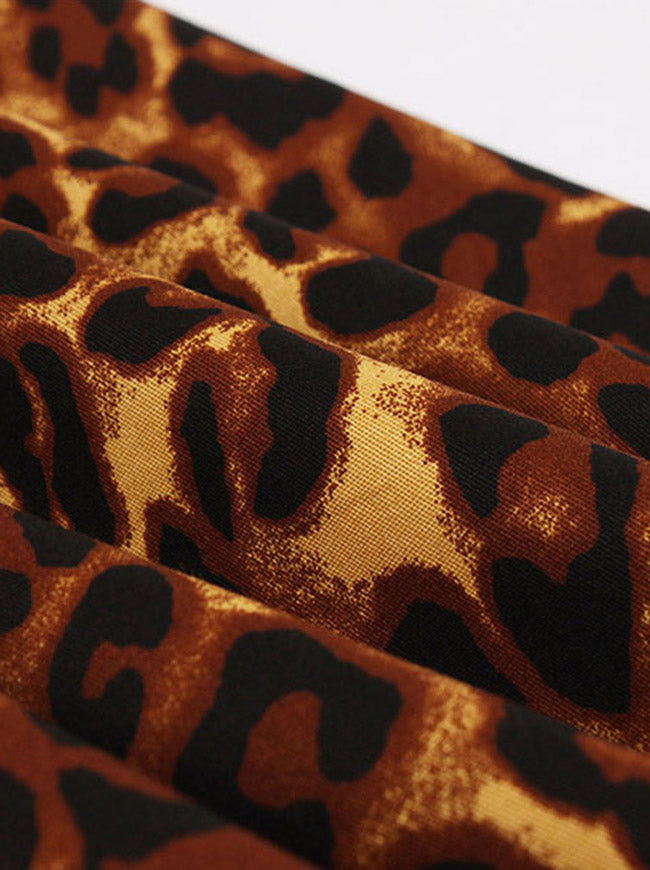 Women's Brown Black 1950s Retro Square Neck Knee Length Style Evening Ball Leopard Dress Detail View