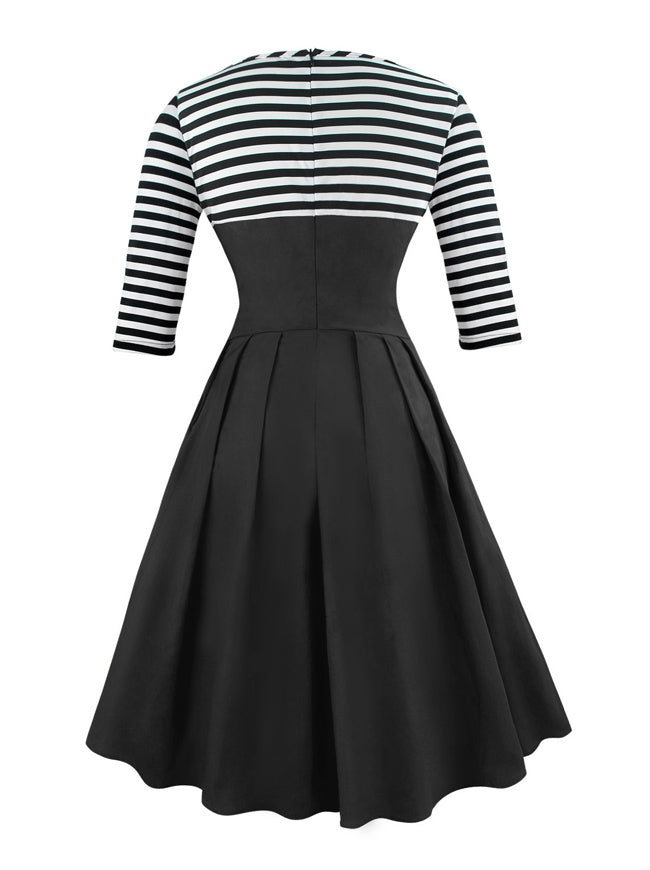 Half Sleeved Elegant Striped Business Casual Cocktail Dress