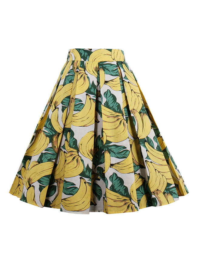 Summer Vivid Banana Print Pleated Casual Skater Skirt