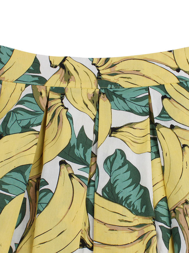 Summer Vivid Banana Print Pleated Casual Skater Skirt