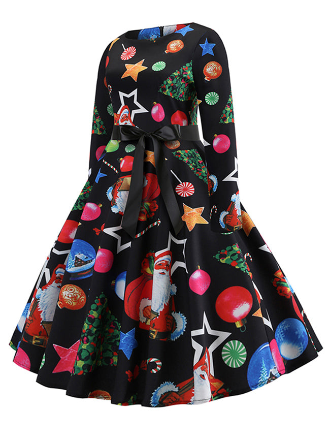 Vintage Multicolored Sugar Printed Spring Formal Elegant High Waist Casual Fall Tea Swing Dress for Women Side View