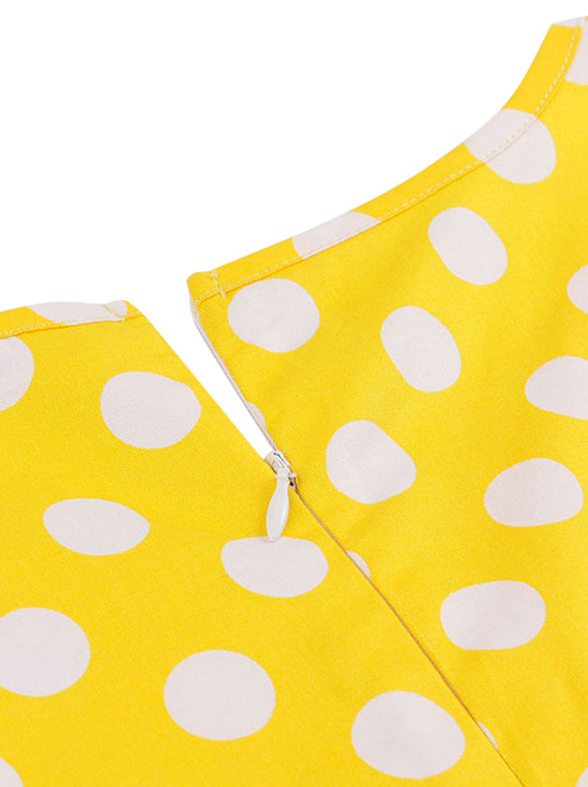Yellow White Fit And Flared V Neck Rockabiily Dress for Womens Detail View