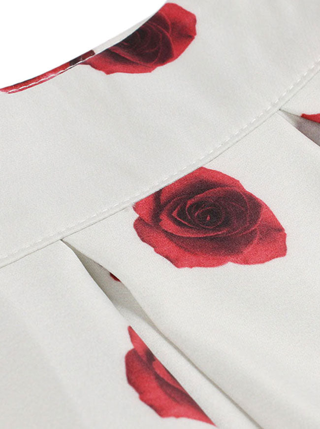Vintage Retro Casual Knee Length High Waisted A-Line Floral Print Pleated Flare Skirt