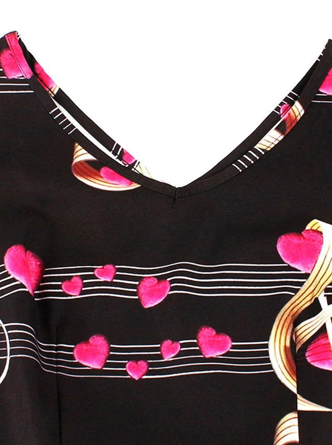 V-Neck Romantic Music Notes Print Flare Party Dress for Music Party