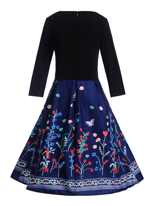 Black and Blue Elegant Long Sleeve Vintage Pattern Pin Up Style Going Out Church Midi Dress Back View