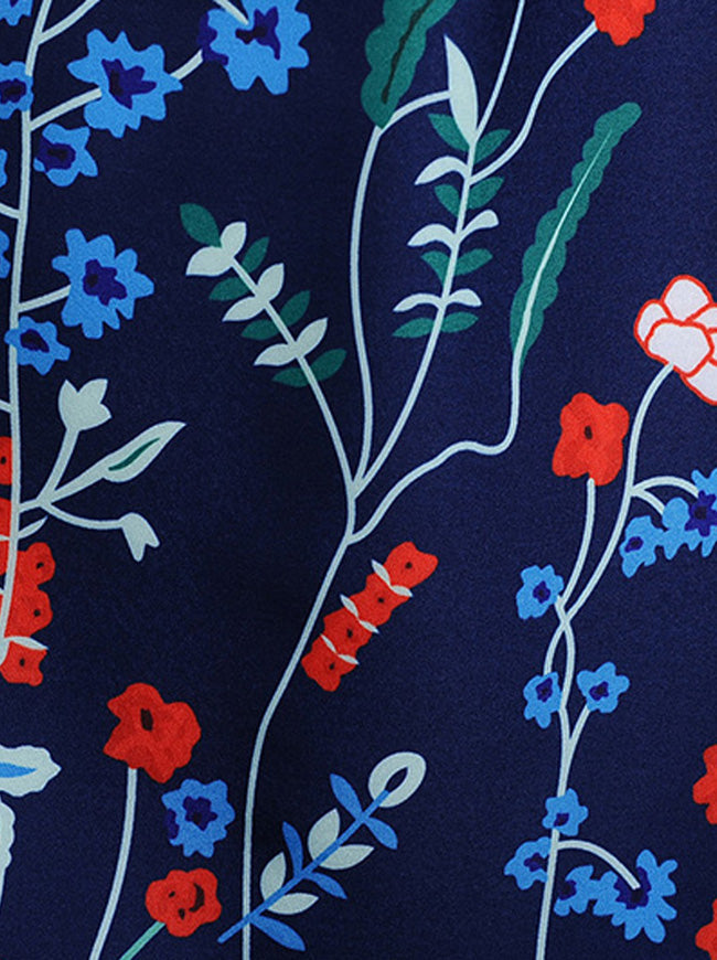 Classic Vintage Style Floral Printed Pinup Rockabilly Tea Length Dress Dark Blue for Women Juniors Detail View