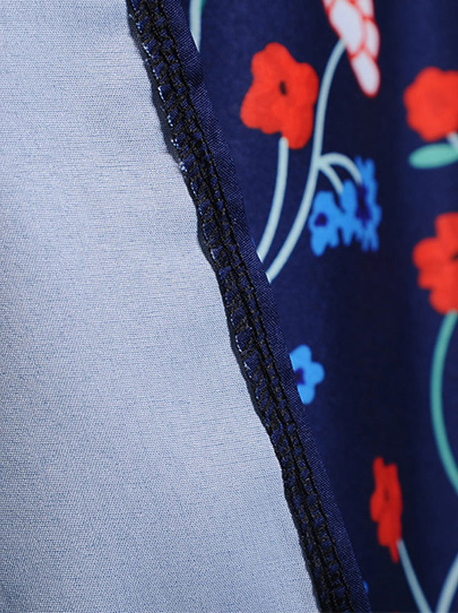 Dark Blue 1950's Vintage Style Flower Pattern Knee Length Midi Dress for Women Detail View