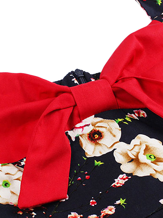 Retro Vintage Style Floral Print Rockabilly Bridesmaid Dress with Halter