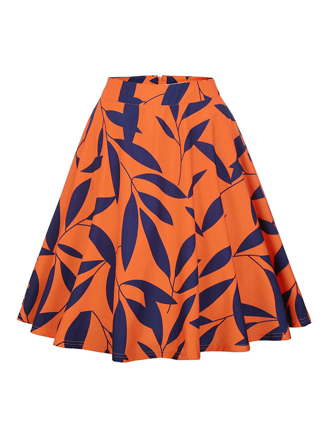 Retro Rockabilly Knee Length Leaf Print A Line Skirt