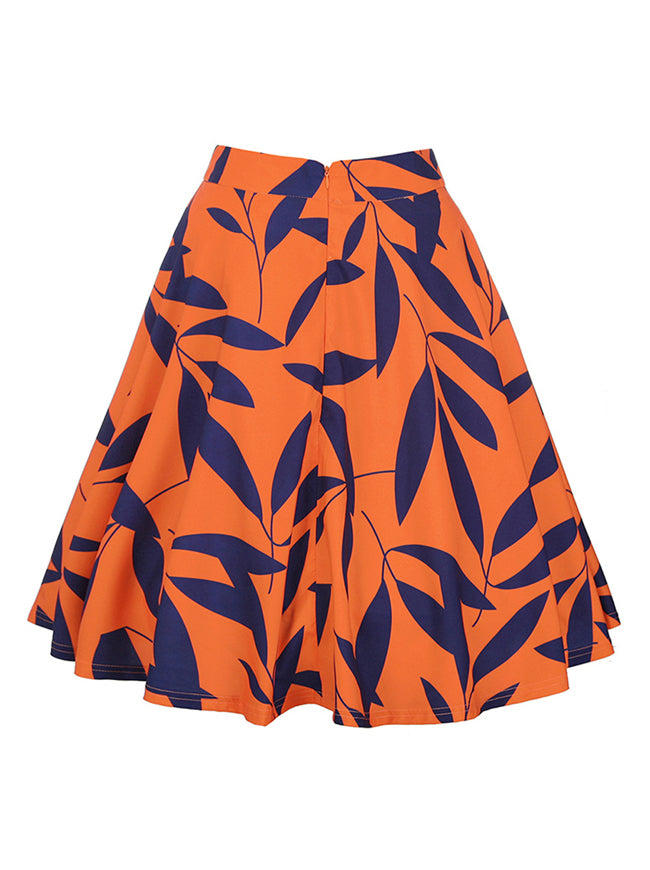 Retro Rockabilly Knee Length Leaf Print A Line Skirt