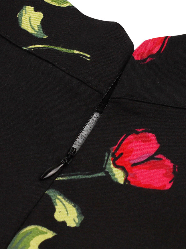 Vintage High Waist Rose Floral Print A Line Skater Midi Skirt with Patterns