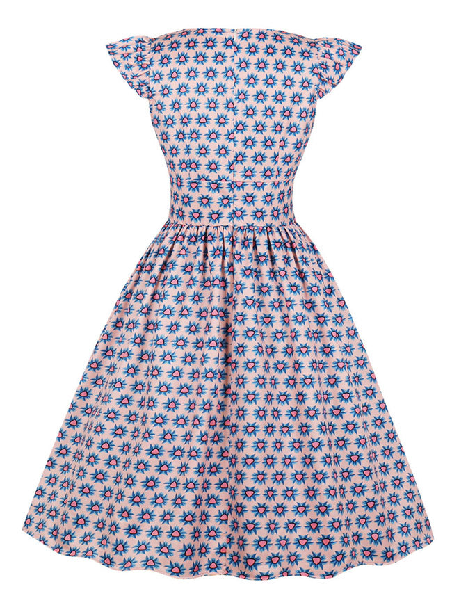 Rockabilly Pinup Flared V-Neck Floral Print Pleated Casual Picnic Dating Dress Detail View