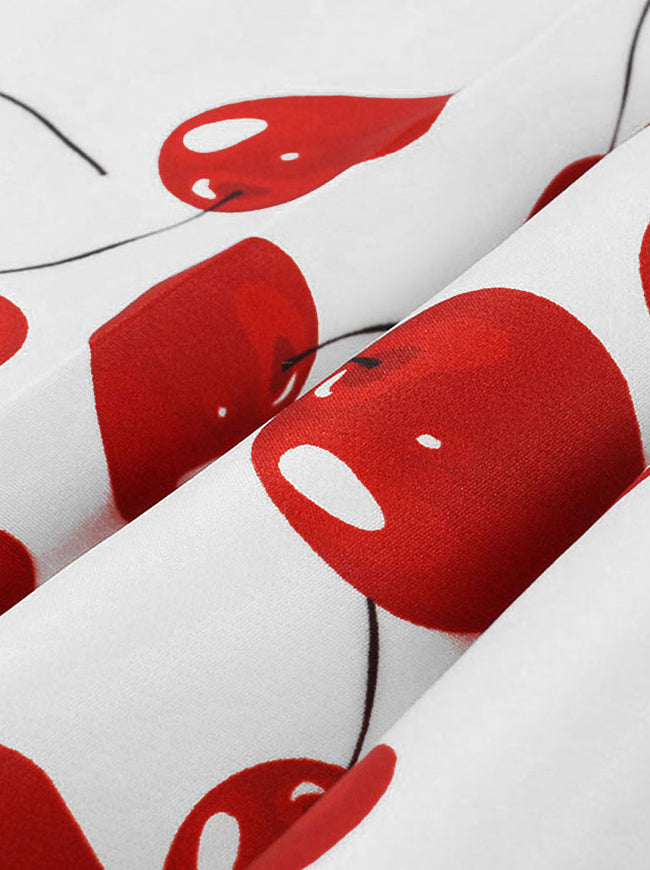Vintage Retro Casual Knee Length High Waisted A-Line Cherry Print Pleated Flare Skirt