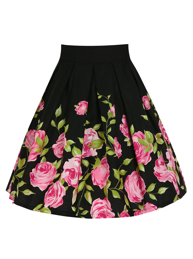 Vintage High Waist Rose Floral Print A Line Skater Midi Skirt with Patterns